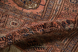 Plush Bokhara rug pile with dusty rose, navy blue gul motif and lustrous weave.