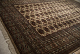 Intricate geometric border and intact side cord selvage of a vintage fine Bokhara carpet.