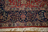 Corner of vintage Agra carpet with navy blue scrolling vinery border and clean ivory fringe.