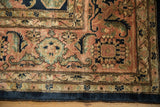 Vintage Serapi design carpet with terracotta, navy floral arabesques and turtle samovar border.