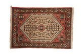 Hand-knotted vintage Abadeh rug with a geometric medallion in terracotta, ivory, and dark blue tones.