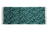 Vintage Indian rug runner with a William Morris leaf design in shades of dusty teal and pale jade green.