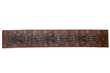 Vintage Pakistani Bakhtiari runner with dusty navy field, weeping willow design, and brick red palmette borders.