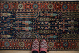 Pakistani Bakhtiari: dusty navy field with weeping willow, cypress trees, brick red border, and slippers.