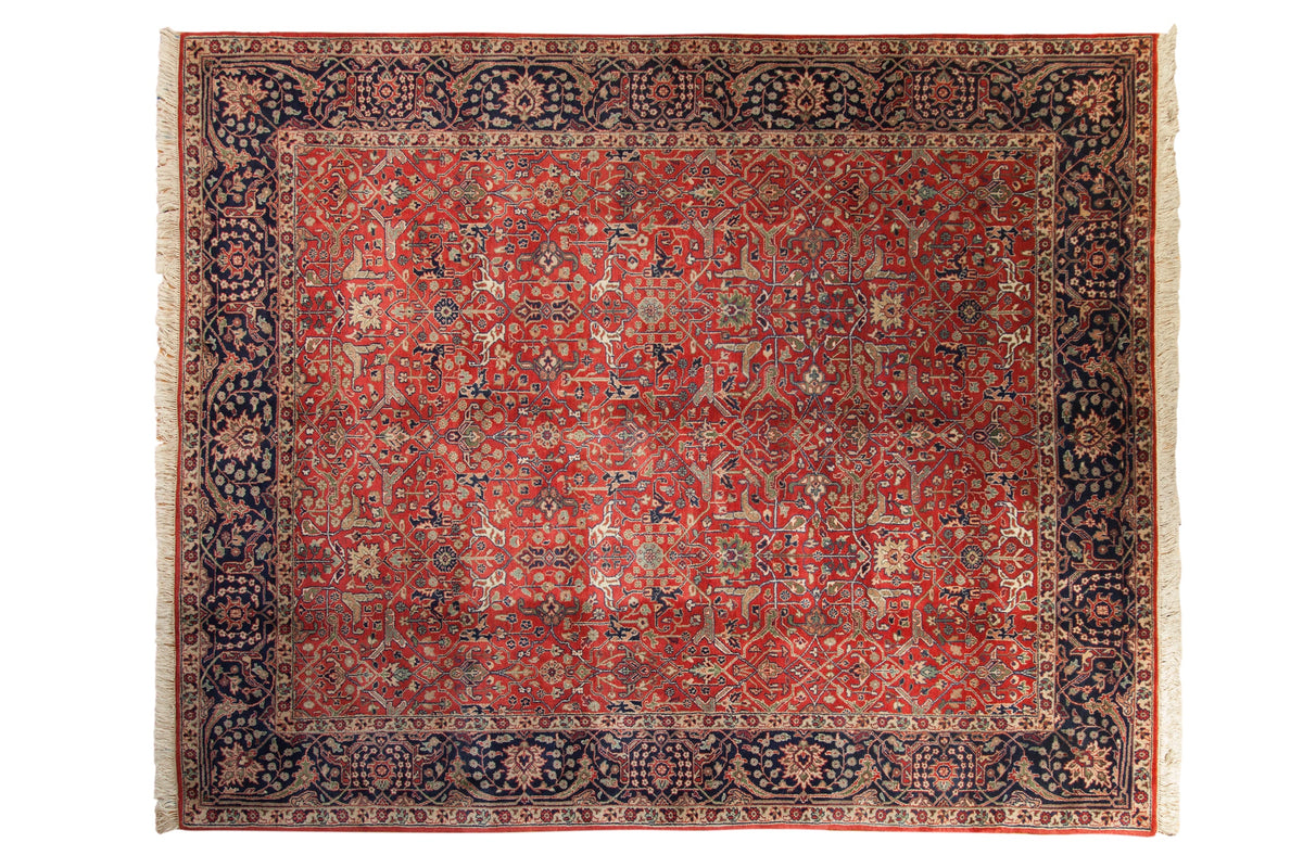 Vintage Agra carpet, brick red allover arabesque Samovar design, navy blue scrolling borders, 8'2" x 10'.
