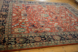 Angled view of the Indian Bijar carpet's classic design and color palette.