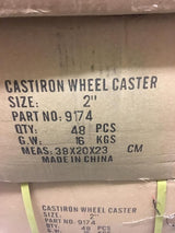 Manufacturer's box for cast iron casters showing stamped product specifications.