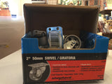 Open retail box showing Shepherd 2-inch cast iron swivel plate casters.