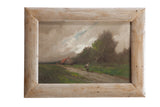 Antique 19th-century oil painting of a farm landscape with a traveler in a rustic wood frame.