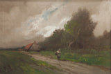 Unframed antique farm landscape painting with a rustic cottage, traveler, and dramatic cloudy sky.