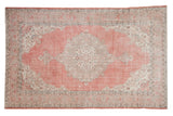Distressed vintage Sparta rug with concentric medallion, pale cochineal red, oxidized silver, 6'11
