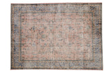 Vintage distressed Sparta carpet featuring allover floral palmettes, dusty rose, sky blue.