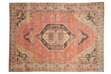 Distressed Oushak carpet with dusty pink, charcoal, ivory oversized medallion and vinery. 7' x 9'7