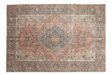 Hand-knotted vintage distressed Sparta carpet, cantaloupe field, denim blue shield medallion, floral vinery, 6'11