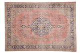 Distressed vintage Turkish Sparta carpet, dusty pink field, cobalt roundel medallion, floral palmettes, 7'6
