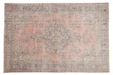 Distressed Turkish Sparta carpet with faded dusty rose, slate blue medallion, and floral field. 7x10.
