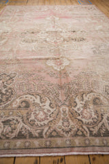 Distressed vintage Oushak rug, short pile, paisley boteh border, dusty blush, silver, charcoal.