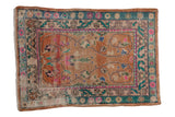 Distressed vintage Oushak rug, faded rust field with scrolling vinery, turquoise border and pops of pink, 3'4
