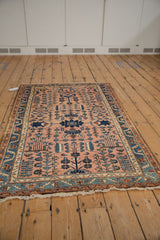 Distressed fringe and navy blue vine border on the dusty rose Lilihan rug.