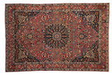 Vintage hand-knotted Meshed rug, starburst floral medallion, dusty cochineal red field, intricate vinery. 4'1