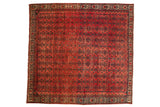 Distressed vintage Persian Borchalou square carpet, allover ruby red and navy medallions, 10'7