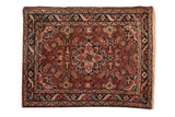 Vintage Dargezine rug mat with a starburst medallion, Herati field, and dusty burgundy, navy, ivory.