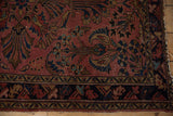 Raspberry Lilihan field and ornate navy, gold border displaying wear and tattered edge.