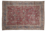 Distressed hand-knotted Sparta carpet, ruby red field, faded blue botanical motifs, 7'5