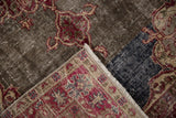 Distressed vintage Sparta rug showing fringed edge, dark cherry and ivory pile, and woven foundation.