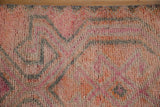 Textured pile of the distressed Kurd runner, showing muted pink, charcoal, and tangerine tones.