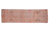 Distressed vintage Kurd runner, geometric triangle design in dusty blush, pink, and coffee brown.