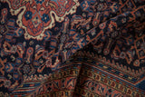 Main border of vintage Hamadan rug with meandering vine, navy and blush Herati field.