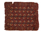 Antique Turkmen rug, 'elephant's footprint' guls in burgundy, navy, apricot, with tattered edges.