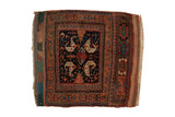 Antique Afshar square rug mat with a dark navy field, serrated dragon florals, and terracotta colors.