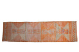 Vintage distressed Kurd runner, tangerine orange and ivory geometric diamonds with abrashes. 3'3