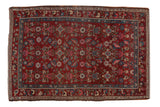 Vintage Kurdish Hamadan rug, black cherry red field, geometric Herati design, floral border, 3'10