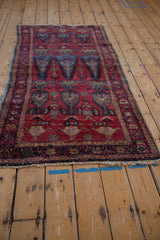 Lilihan runner's secured end, with textured pile, ivory fringe, and dark blue-red design.