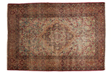Fine Antique Persian Kerman rug, scalloped medallion, allover roses, ivory, cochineal red, navy.