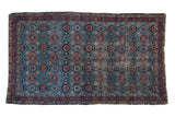 Hand-knotted Vintage Lilihan rug with sky blue field, raspberry borders, Veramin design.
