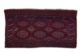 Fine hand knotted Turkmen rug, burgundy, navy, fuchsia geometric guls, detailed borders, tattered fringe.