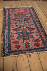 Lilihan rug's primitive floral medallion with oversized serrated palmettes in blush, blue, and brown.