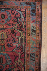 Dusty raspberry, sky blue, and chestnut tones in the Mehriban rug's intricate serpent border.