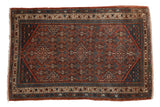 Hand knotted Vintage Persian Hamadan rug with brick red triple medallion, floral motifs, dusty teal. 3'5