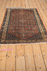 Fringed end of fine vintage Hamadan rug, with dusty teal border and brick red floral field.