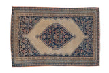 Antique Senneh rug mat, ivory field with stepped Herati medallion in navy blue, 2'1
