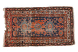 Vintage Hamadan rug, navy blue and terracotta triple medallion, allover floral field, worn pile. 3'4