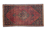Vintage Senneh rug with stepped medallion, Herati design in raspberry red and navy blue. 1'8