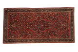 Vintage American Sarouk runner, dusty raspberry red, central medallion, sprawling floral vines, 2x4 feet.