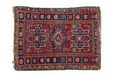 Vintage hand-knotted Persian Karaja rug, triple geometric medallions, red, navy, gold, 3'2