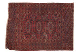 Vintage Turkmen square rug, black cherry red field, navy blue reciprocating gul medallions, 3x4.